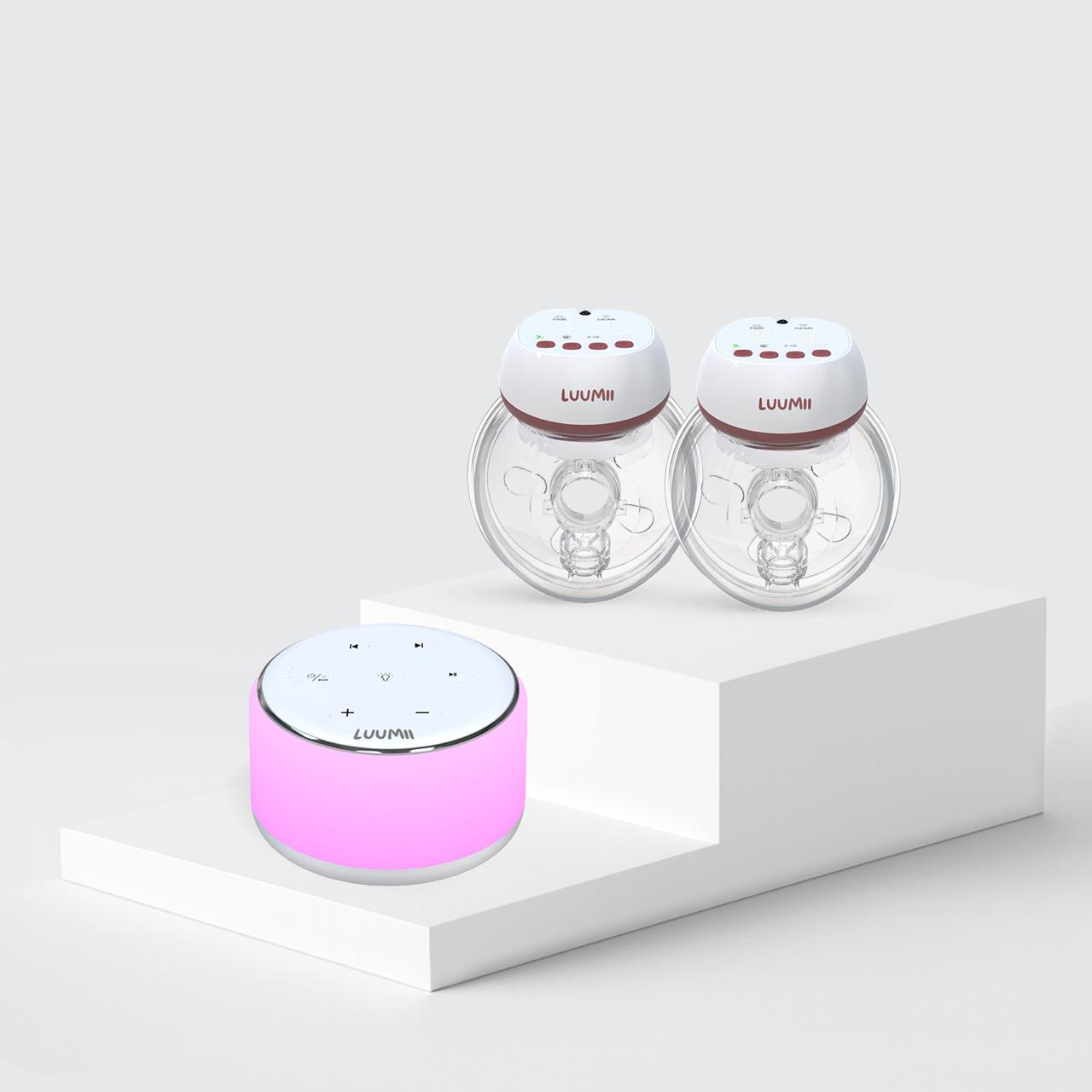 Luumii elektrisk dobbel brystpumpe Ema og Luumii white noise-maskin for bedre amming, rolig søvn og komfort for både mamma og baby
