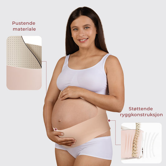 Gravid kvinne som viser hvordan Luumii støttebelte i beige brukes, med pustende materiale og støttende ryggkonstruksjon