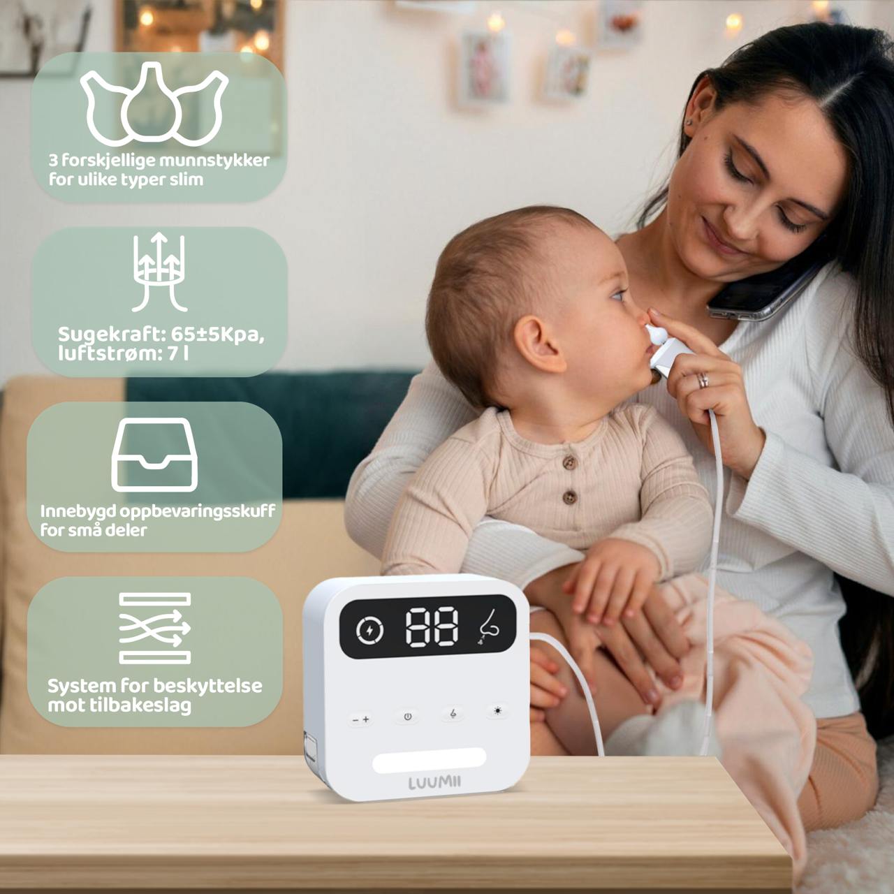 Luumii Babypleiepakke – Luumii Dobbel Elektrisk Brystpumpe og Desktop Elektrisk Nesesuger med lang batteritid