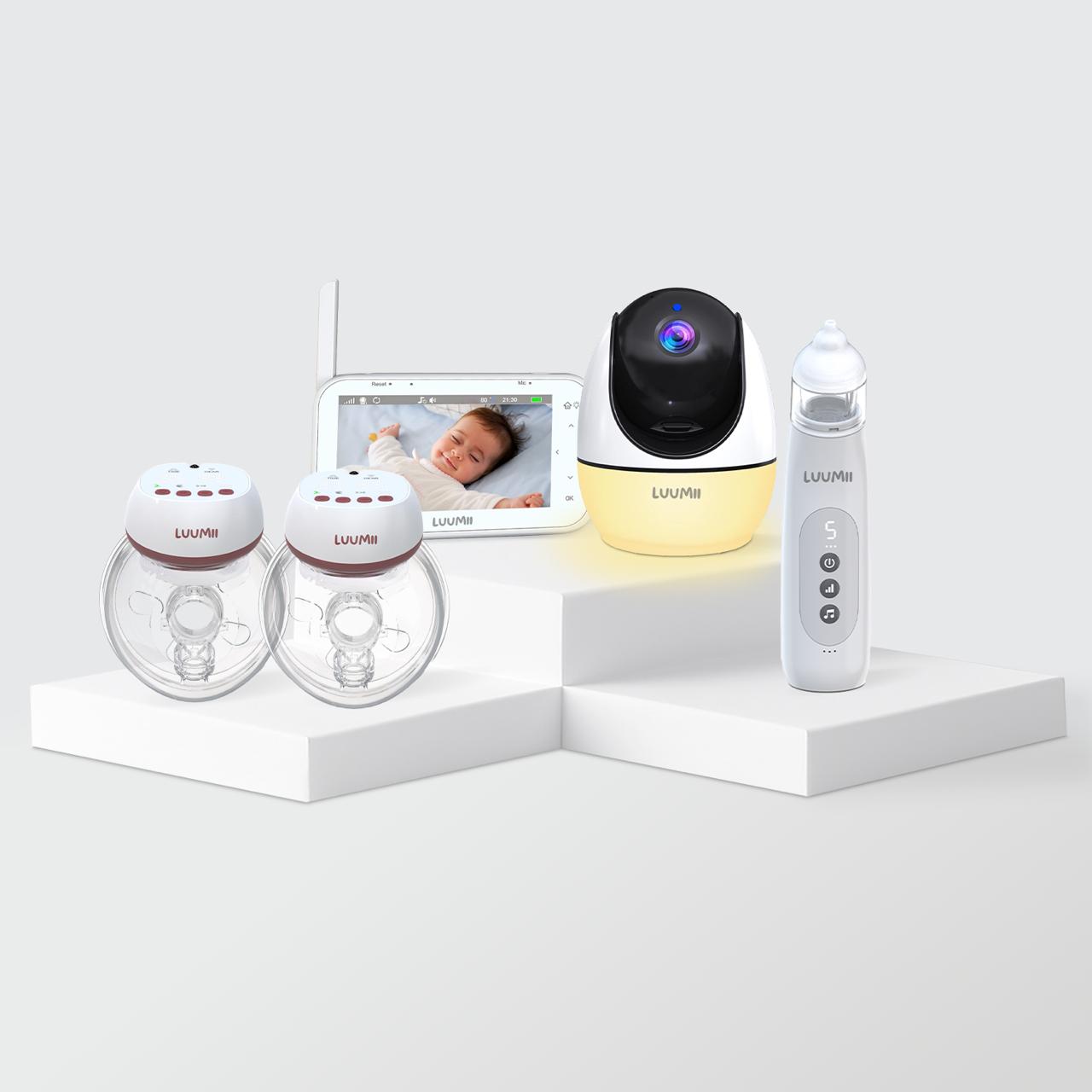 Luumii elektrisk brystpumpe, babymonitor med skjerm og nattlys, og elektrisk nesesuger presentert som et samlet produktsett.