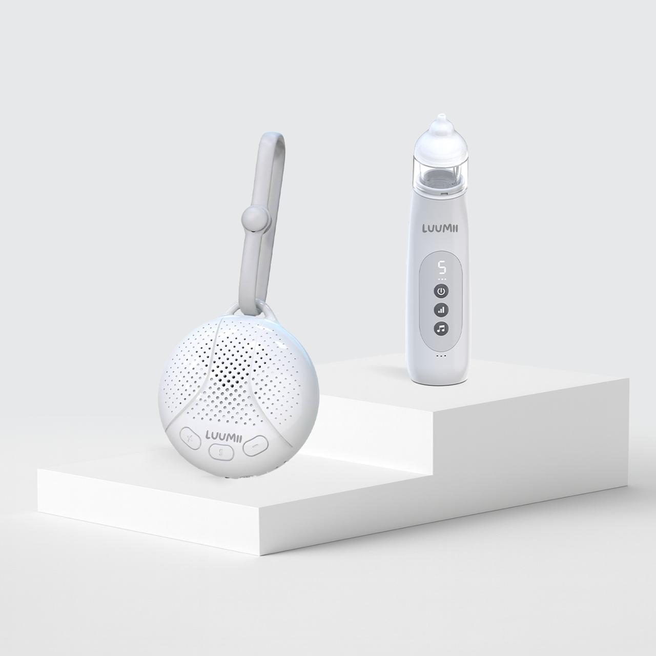Luumii BabyGo elektrisk nesesuger og bærbar white noise-maskin – skånsom rensing av babyens nese og beroligende lyder for bedre søvn.