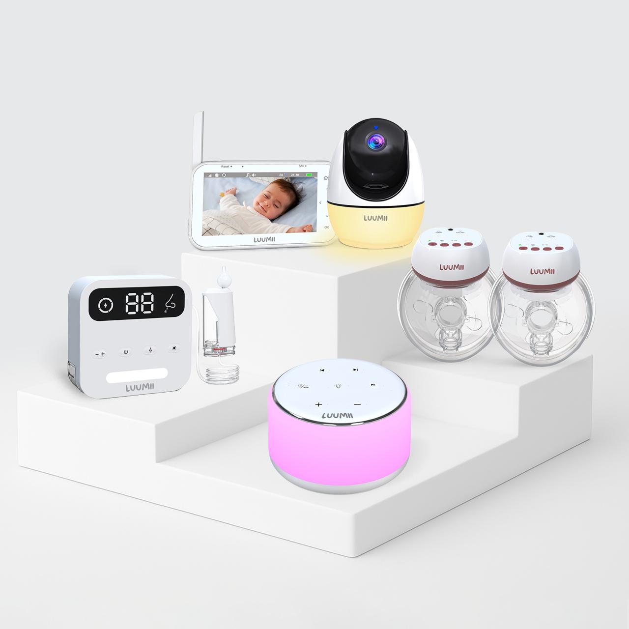 Luumii babymonitor med kamera, elektrisk dobbel brystpumpe Ema, desktop elektrisk nesesuger og white noise-maskin – komplett sett for nybakte foreldre