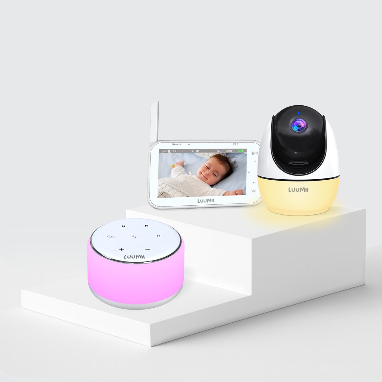 Luumii babymonitor med skjerm og kamera kombinert med white noise-maskin for tryggere netter og bedre søvn for babyen.