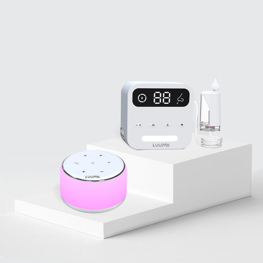 Luumii Desktop elektrisk nesesuger for babyer og Luumii white noise-maskin med nattlys – komplett sett for bedre pust og rolig søvn