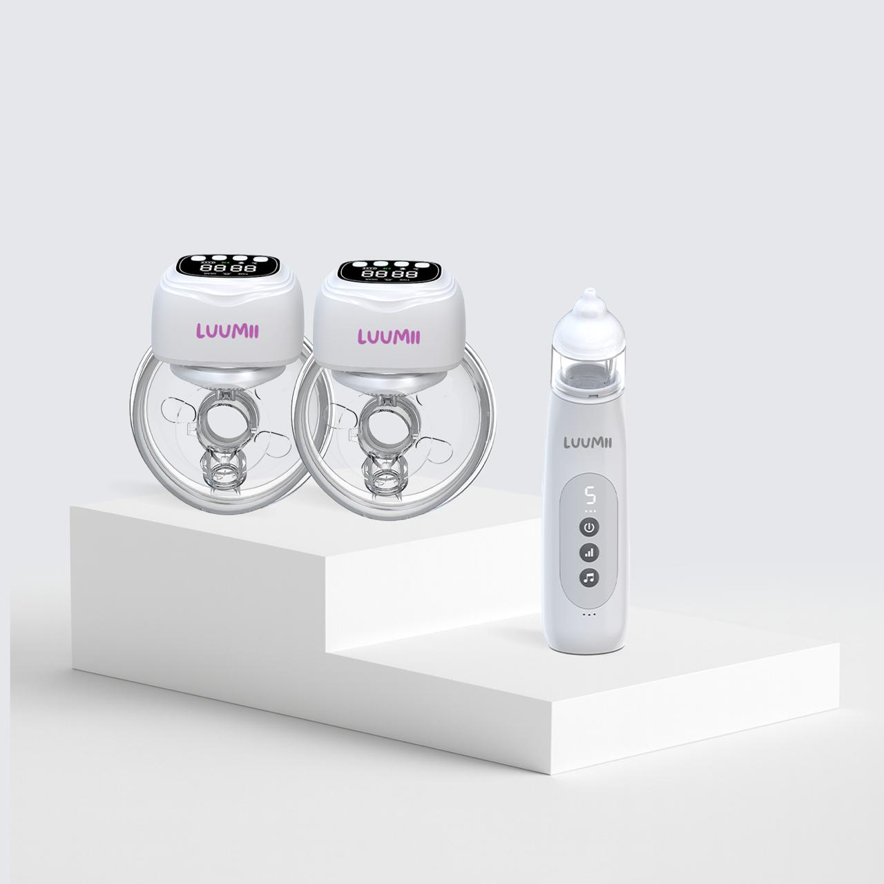 Luumii dobbel bærbar elektrisk brystpumpe og Luumii BabyGo nesesuger – effektiv pumping og skånsom neserensing for nyfødte