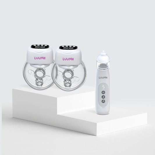 Luumii dobbel bærbar elektrisk brystpumpe og Luumii BabyGo nesesuger – effektiv pumping og skånsom neserensing for nyfødte