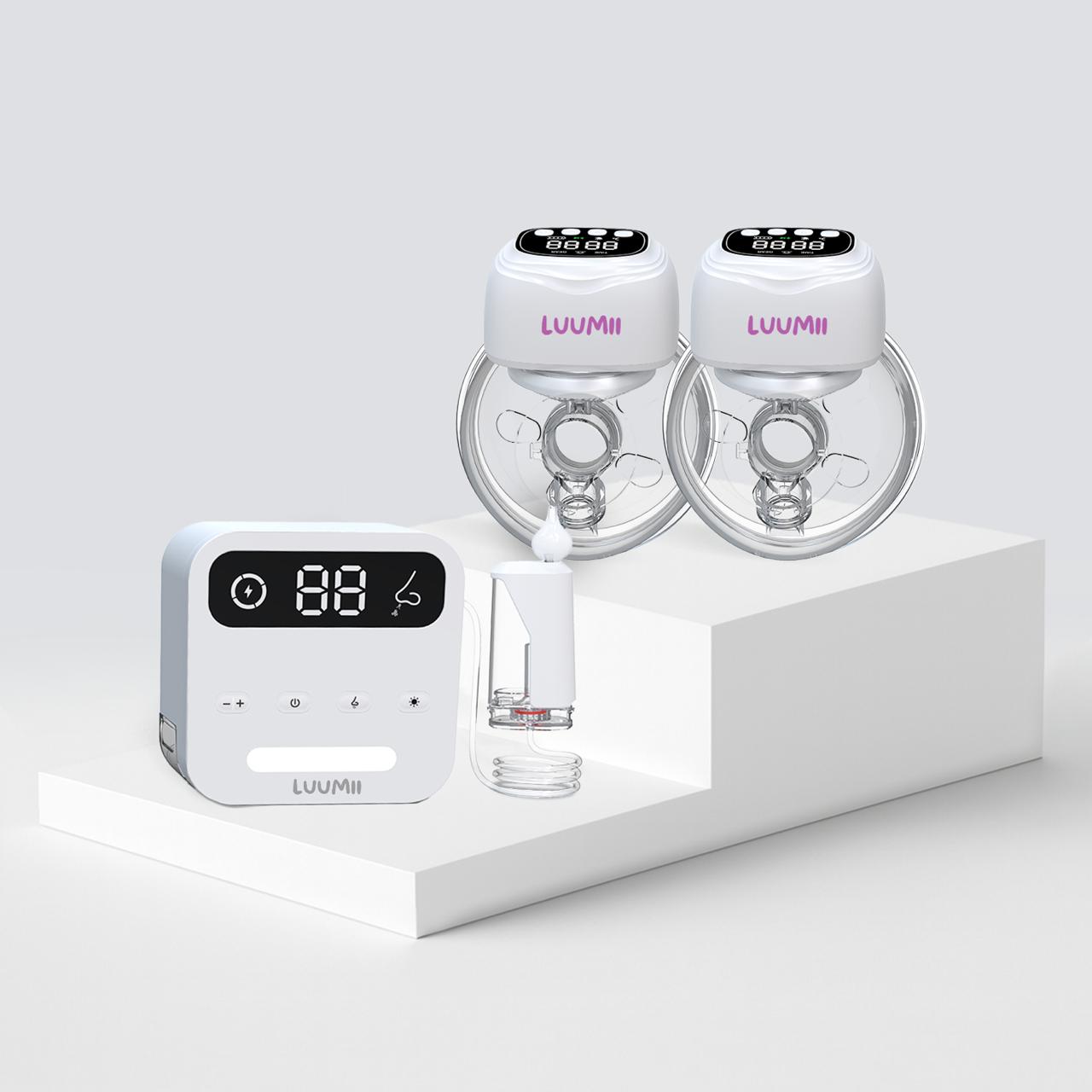 Luumii dobbel elektrisk brystpumpe og desktop elektrisk nesesuger med lang batteritid – effektiv pumping og skånsom neserensing for babyen