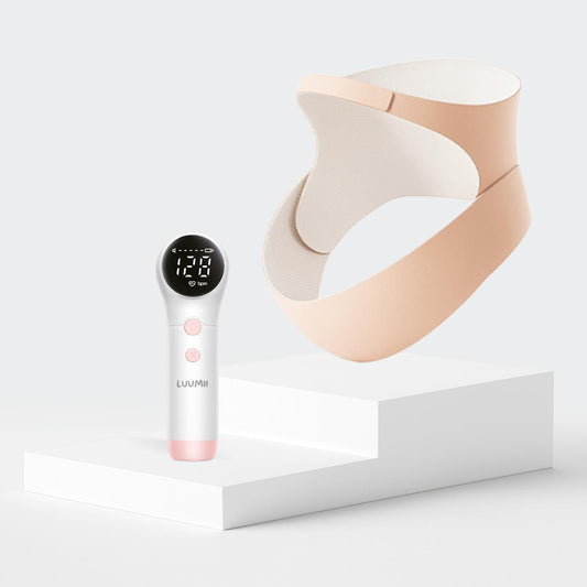 Luumii Doppler fosterlydsmonitor og Luumii støttebelte for gravide – trygg lytting til babyens hjerteslag og komfortabel avlastning for mage og rygg.