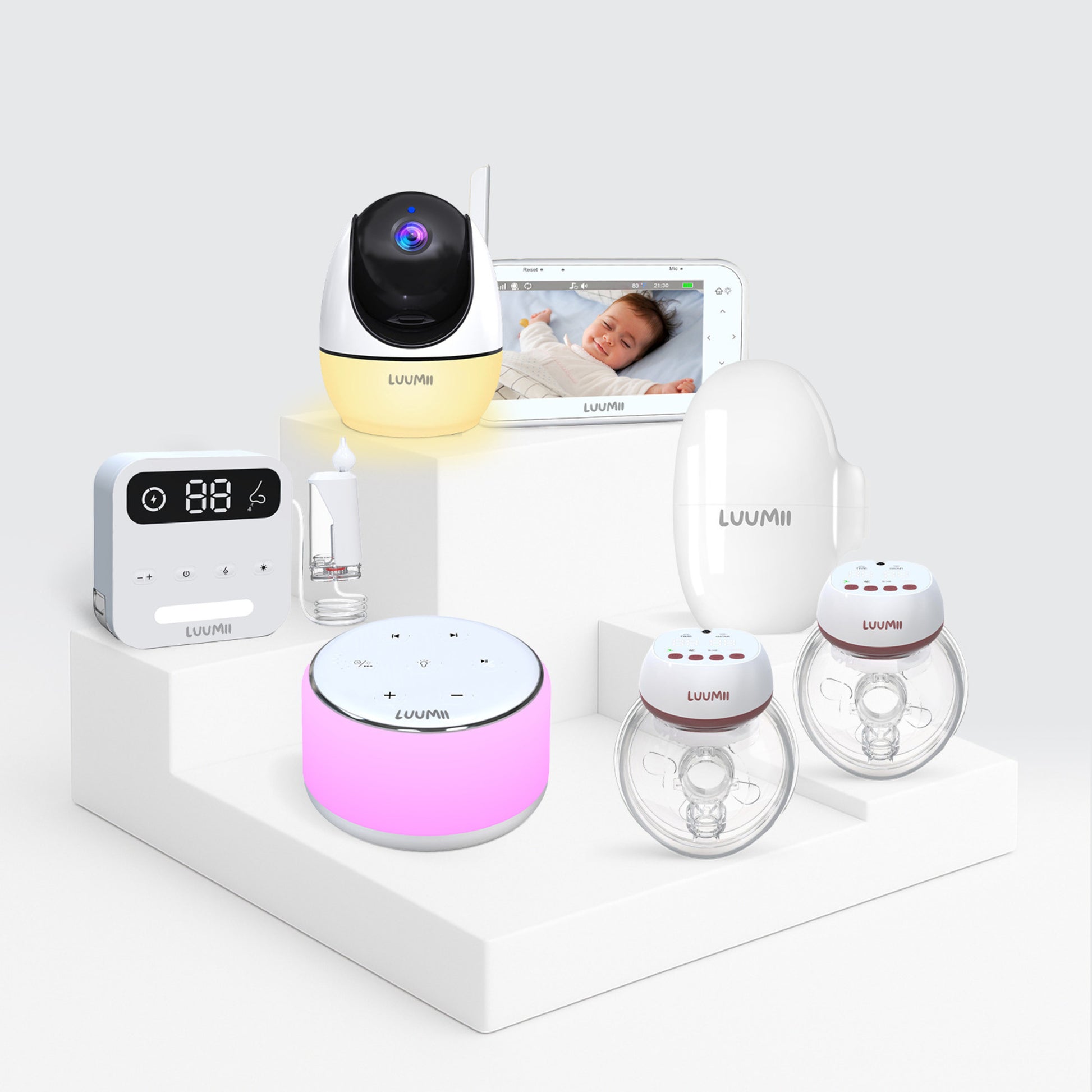 Luumii julepakke med babymonitor med skjerm og kamera med nattlys, elektrisk brystpumpe, nesesuger, white noise-maskin og baby rocker – komplett gave for nybakt mamma.