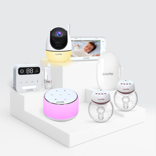Luumii julepakke med babymonitor med skjerm og kamera med nattlys, elektrisk brystpumpe, nesesuger, white noise-maskin og baby rocker – komplett gave for nybakt mamma.
