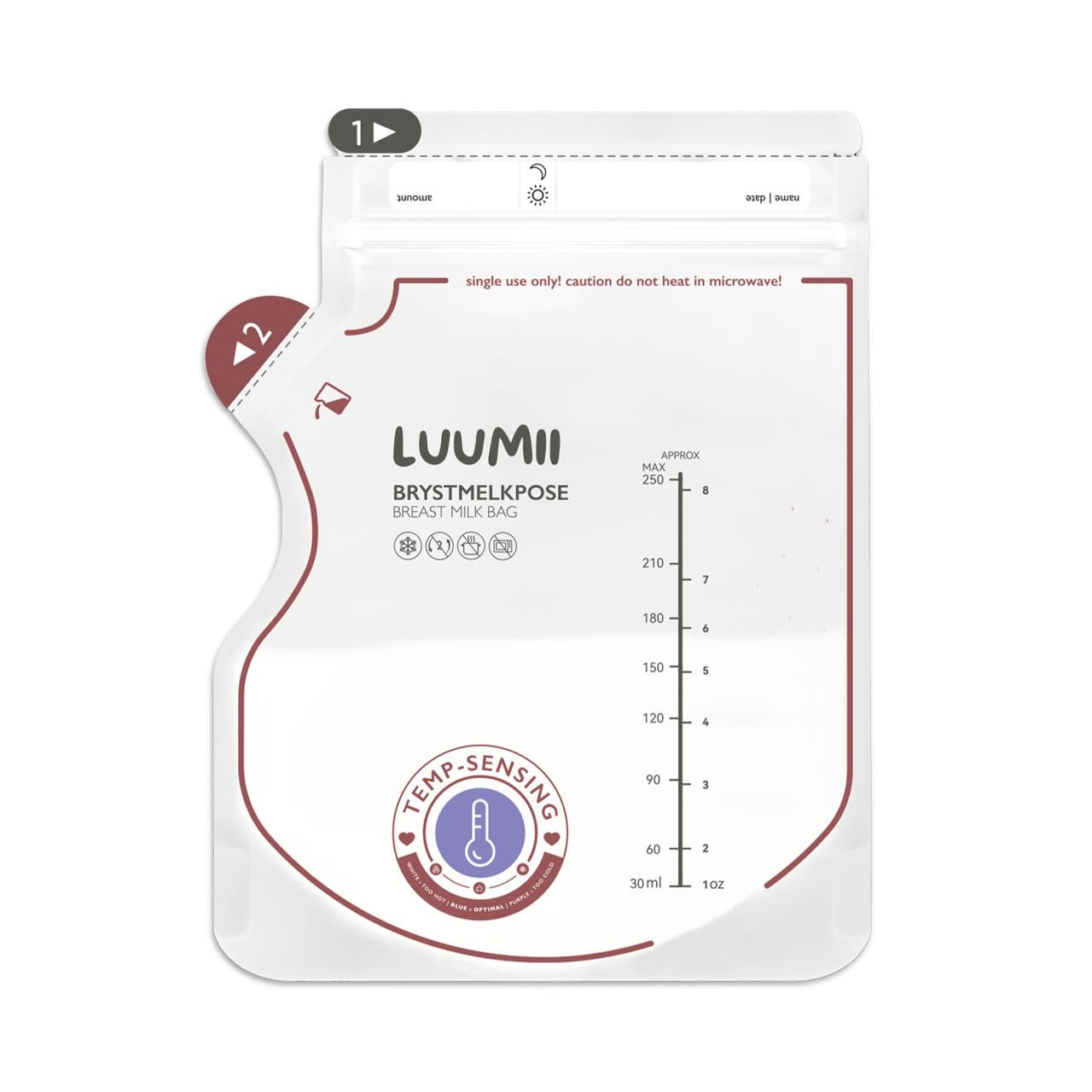 Luumii brystmelkpose med temperatursensor 250 ml for oppbevaring i kjøleskap og fryser
