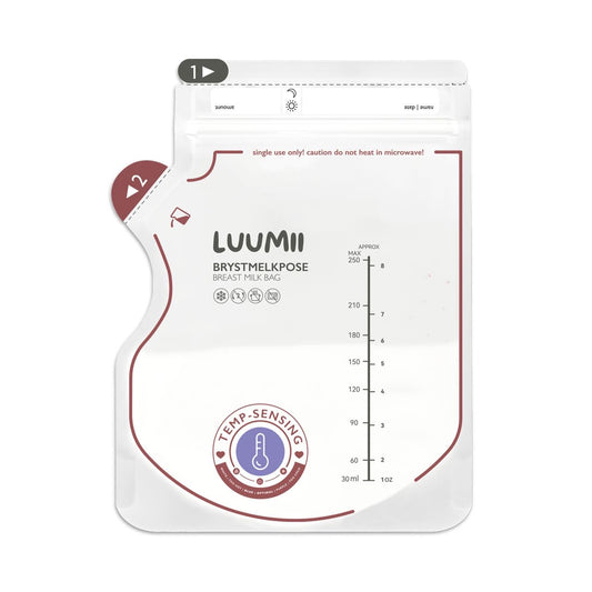 Luumii brystmelkpose med temperatursensor 250 ml for oppbevaring i kjøleskap og fryser