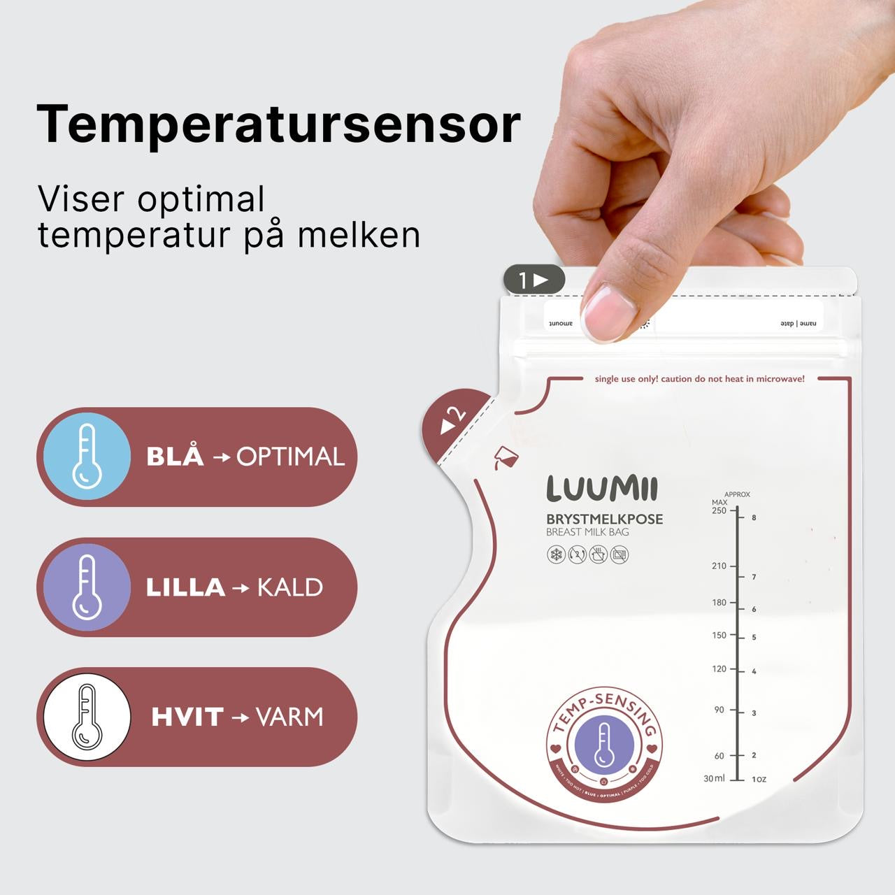 Luumii brystmelkpose med temperatursensor som viser optimal, kald og varm temperatur på melken