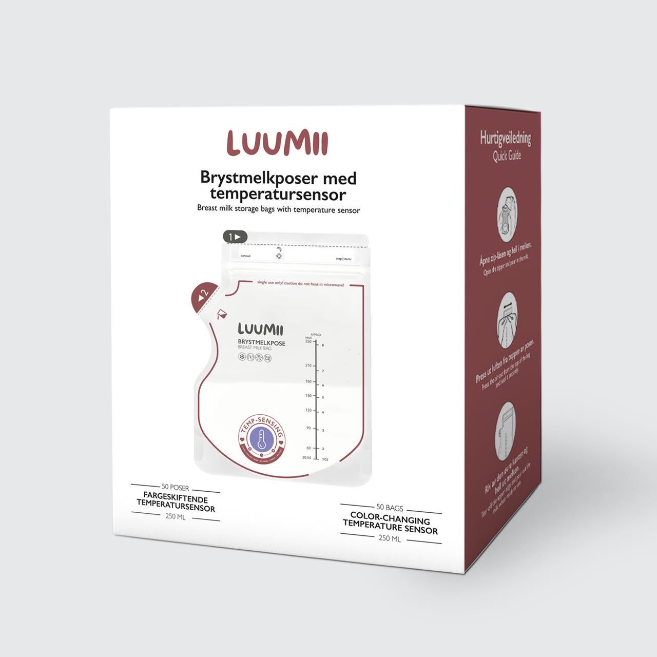 Luumii brystmelkposer med temperatursensor 250 ml – stor pakke med 50 poser