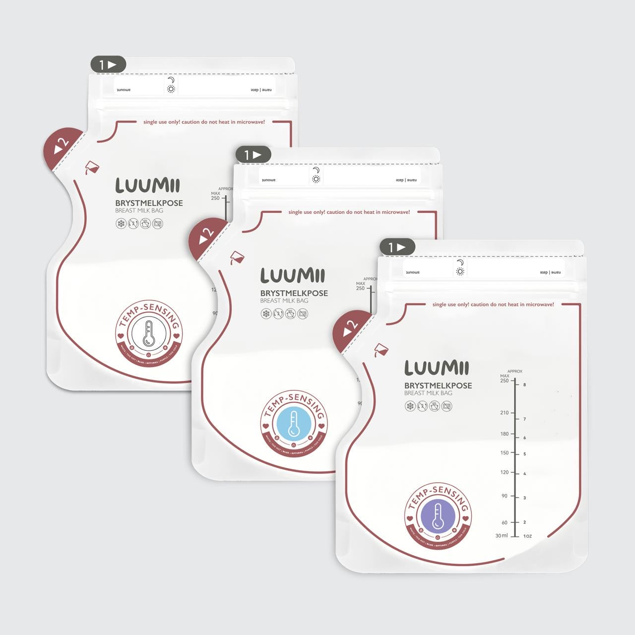 Luumii brystmelkposer med temperatursensor i tre farger som viser kald, optimal og varm temperatur – 250 ml