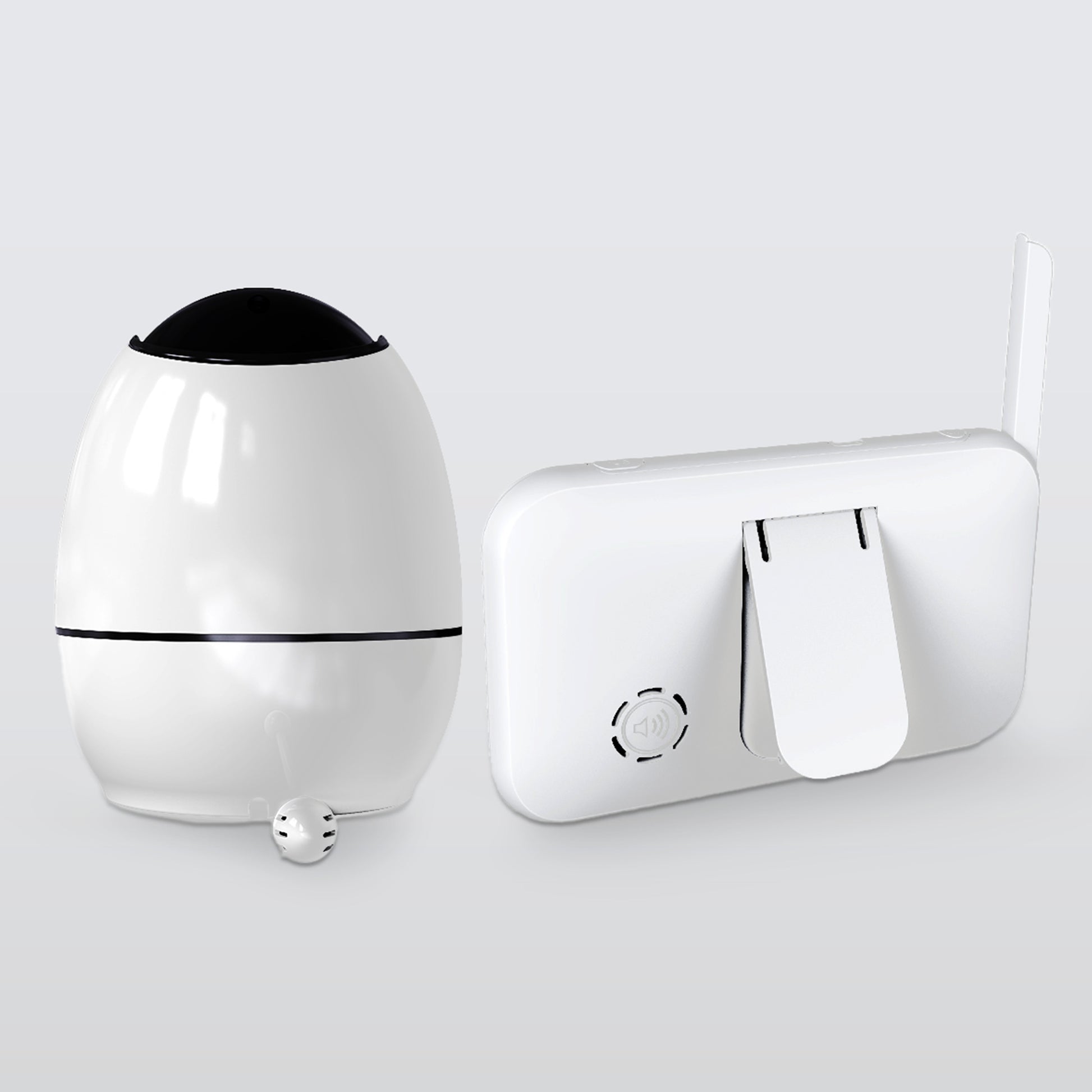 Baksiden av Luumii babymonitor med kamera og skjermen vises sammen