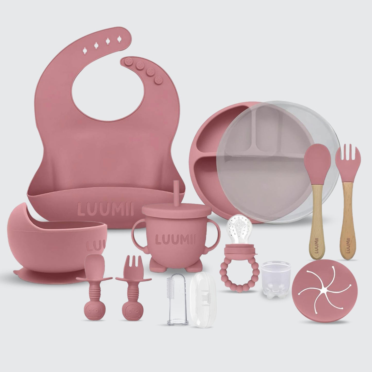 Luumii barneservice med 10 deler i rosegull farge for baby, med smekke, tallerken og bestikk