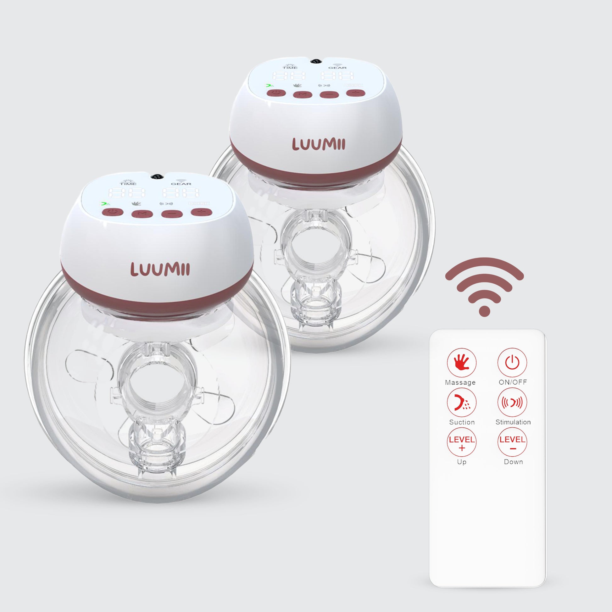 Luumii dobbel bærbar brystpumpe med trådløs fjernkontroll for enkel styring av nivå og modus.