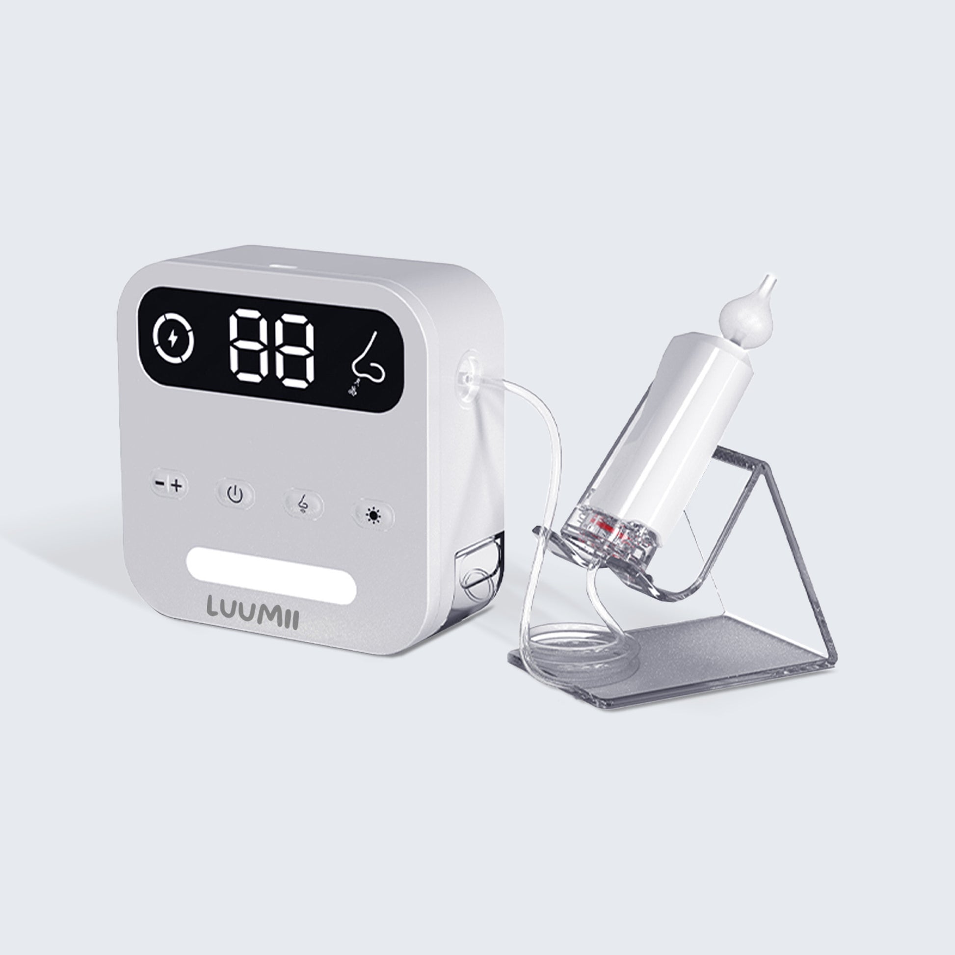 Luumii Desktop elektrisk nesesuger med digitalt display og sugeenhet plassert i holder