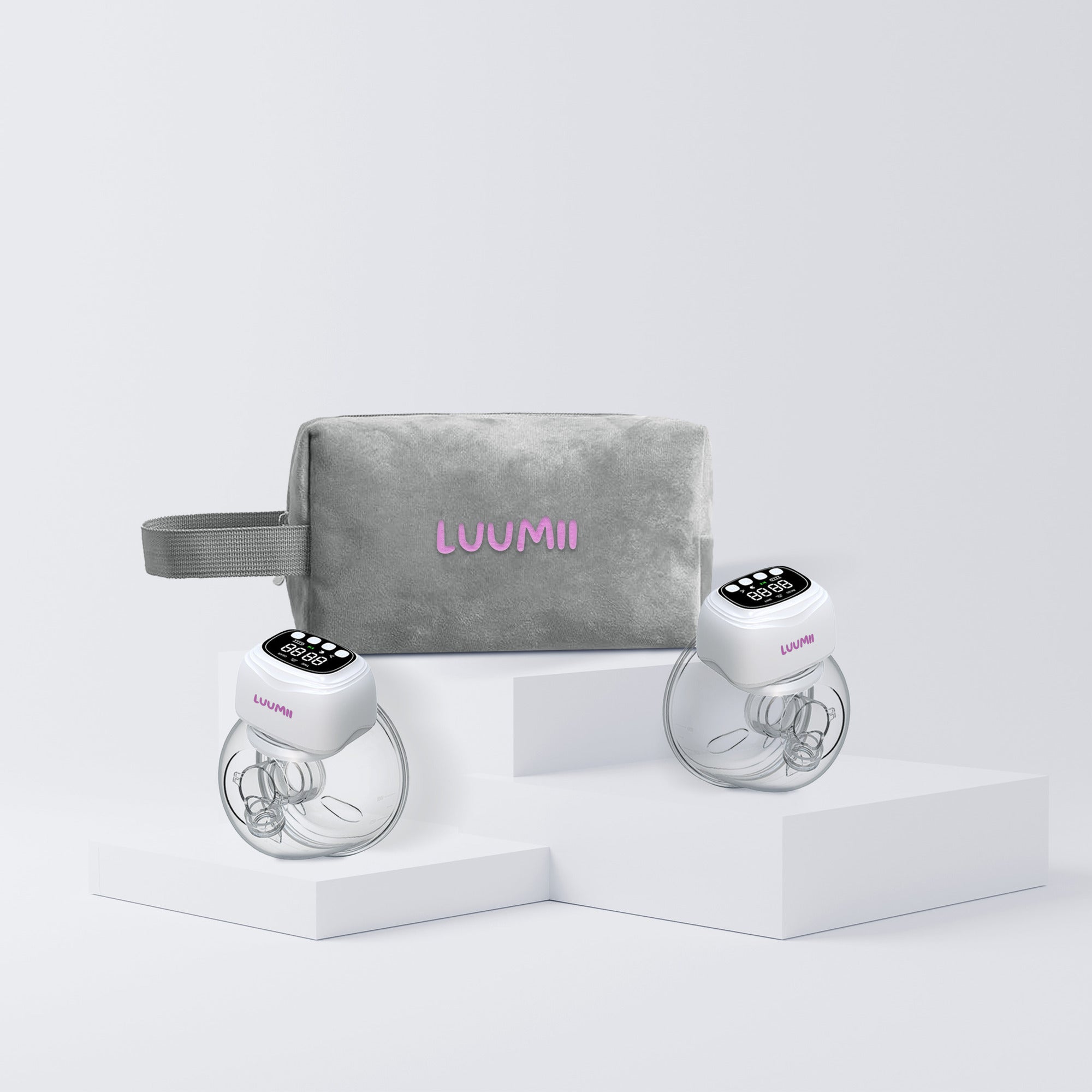 Luumii dobbel elektrisk brystpumpe sammen med myk oppbevaringsveske