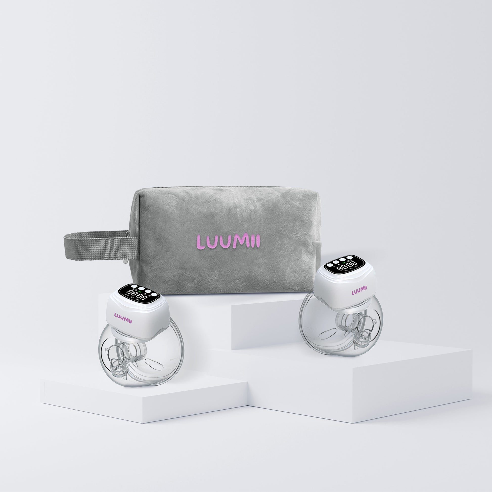 Luumii dobbel elektrisk brystpumpe sammen med myk oppbevaringsveske