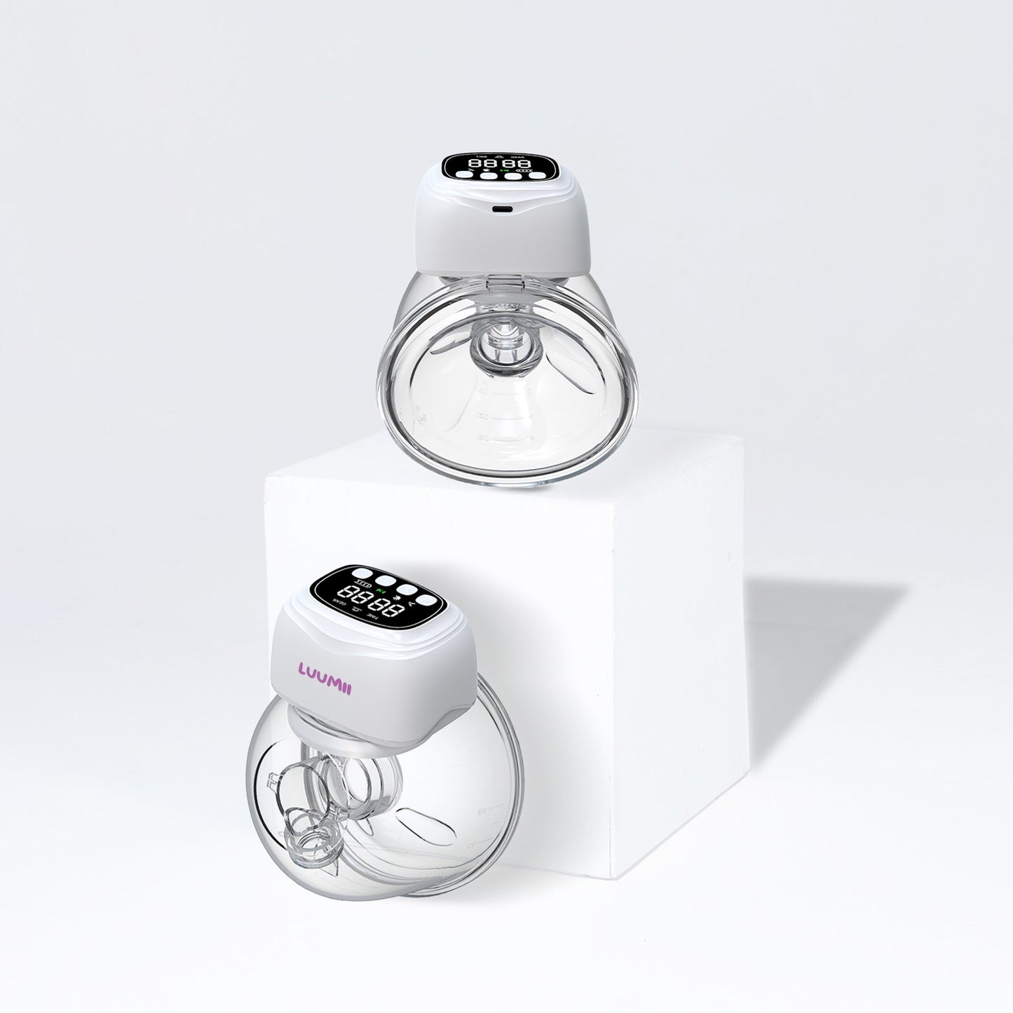 Luumii enkel elektrisk trådløs brystpumpe vist  på produktdisplay