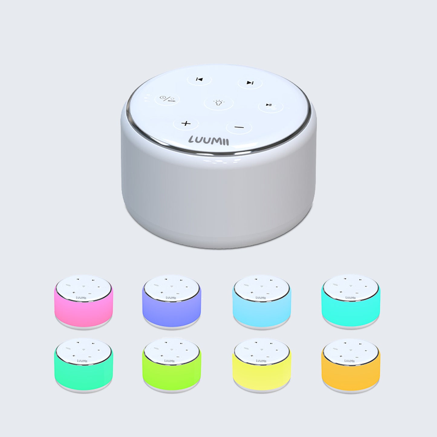 Luumii White Noise Maskin med 34 beroligende lyder og 9 nattlys, vist i flere fargevarianter