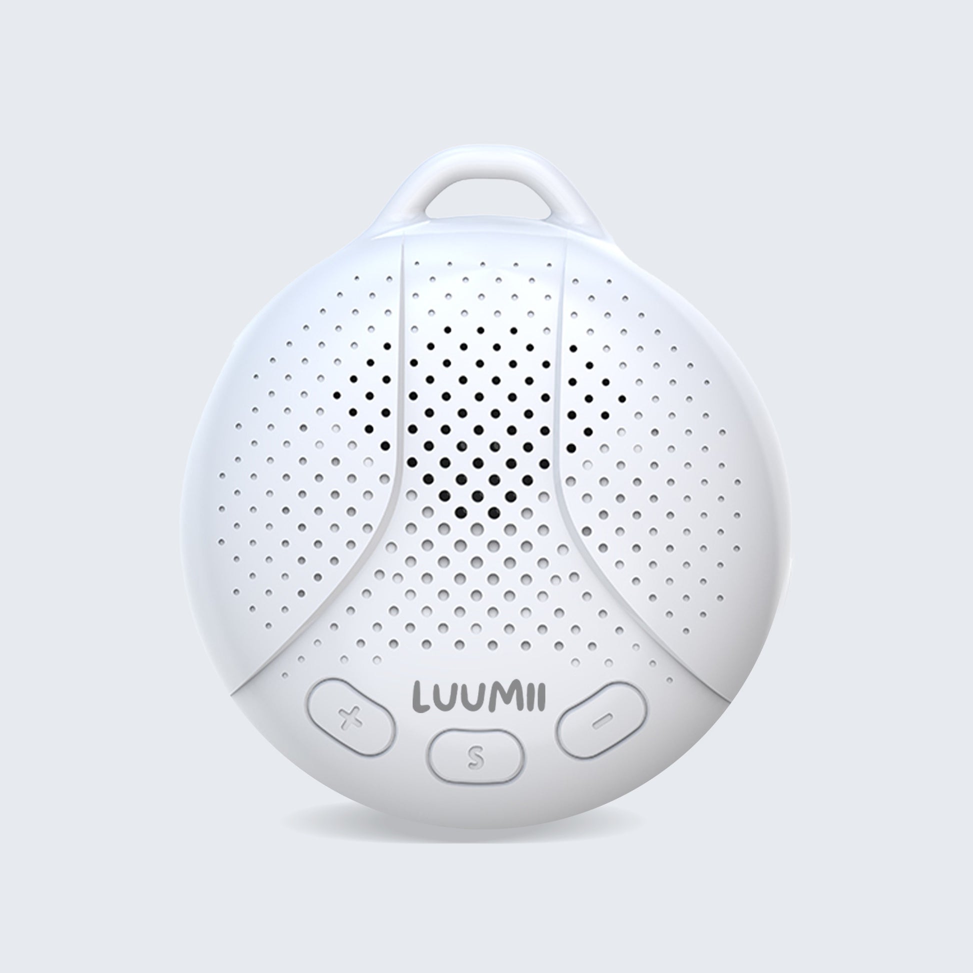 Luumii bærbar white noise maskin sett forfra, med klare knapper og kompakt design.
